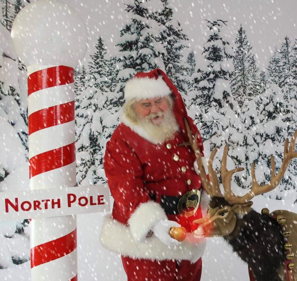Santa feeding a reindeer near a North Pole sign in snowy forest.